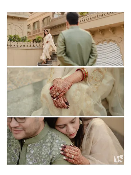 A detail-oriented collage focusing on the tender moments of a couple's shoot. The close-ups on their hands and her henna add a layer of intimacy and cultural richness.