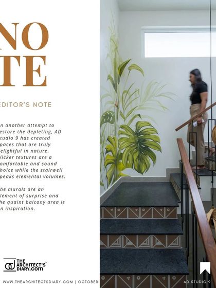 The editor's note from The Architect's Diary, praising our use of wicker textures, the elemental stairwell, and the surprising murals in the Mathrukrupa residence.