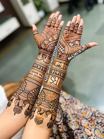 A personalized mehndi design with the initials 'RS' and the phrase 'Forever Until The Sunset' written on the arms.