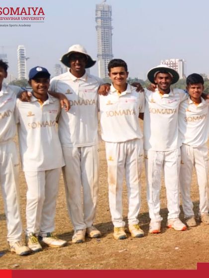 Our S K Somaiya Vinay Mandir Junior College team after a commanding performance where two of our batsmen scored brilliant centuries, leading to a 186-run victory.