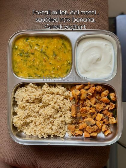 This meal includes foxtail millet, dal methi, sautéed raw banana, and Greek yogurt. It showcases the versatility of millets as a healthy alternative to rice or wheat.