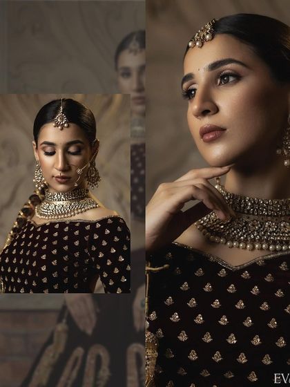 A creative collage featuring multiple angles of a bridal look. This format showcases the model's expressions and jewellery details, offering a comprehensive view for a fashion lookbook.