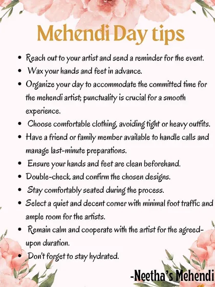 A smooth mehendi day is a happy mehendi day. I've put together these essential tips, from waxing in advance to choosing comfortable clothes, to ensure your experience is relaxed and enjoyable.