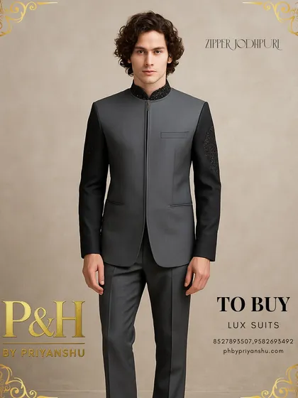 A modern interpretation of the Jodhpuri, this grey suit features a zipper front and contrasting black sleeves with leather-finish and hand-embroidery.