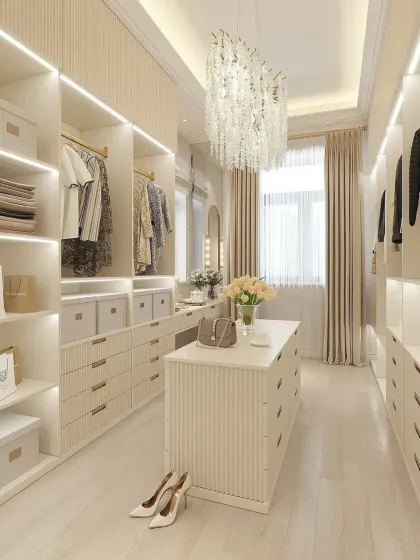This perspective shows the length of the closet and the thoughtful layout, which maximizes storage while maintaining a spacious and uncluttered feel.