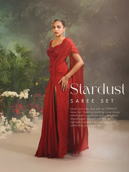 The Stardust Saree Set, featuring a beautifully draped saree with delicate highlights and a high slit, making it the ideal choice for celebrating your unique flair.