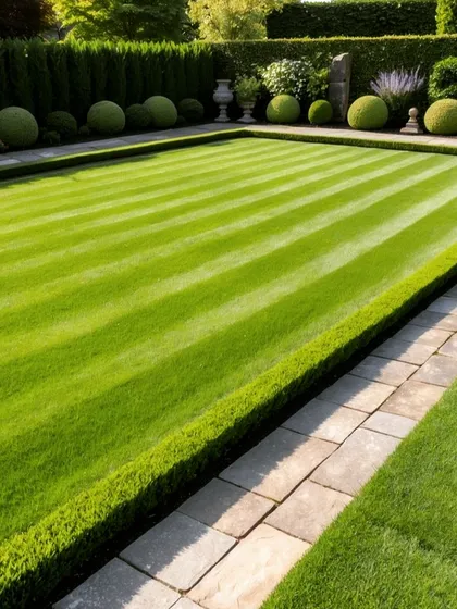 A perfectly striped and edged lawn, resembling a formal bowling green. This level of precision is a hallmark of our high-end lawn care and installation services.