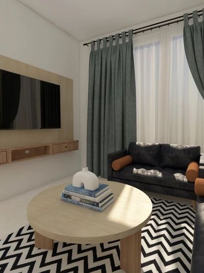 This 3D render shows the floating TV unit and seating area. The design is clean and uncluttered, which is a hallmark of Scandinavian interiors.