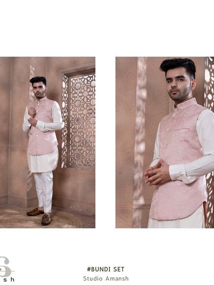 A diptych view of the rose pink bundi set. This composition shows both the full silhouette and a closer view of the jacket's delicate embroidery.