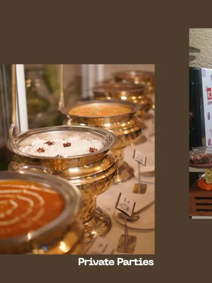 A glimpse into our buffet catering for private parties. The image shows our classic Indian main courses like Dal Makhani served in beautiful chafing dishes, a staple for any celebratory meal.