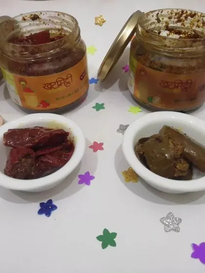 Here you can see my Bharwa Lal Mirch and Aam ka Achaar side-by-side. One is spicy and bold, the other is tangy and classic.