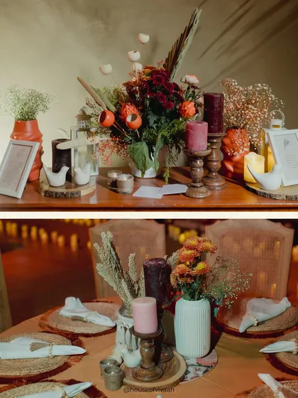 A collage of tablescapes from the welcome dinner, featuring dried florals, terracotta vases, wooden candle holders, and personalized stationery.