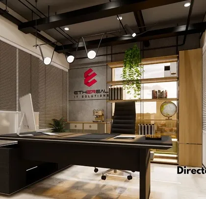 The Director's Cabin at Ethereal IT Solutions. This space was designed to be both commanding and functional, with a sleek desk, ample storage, and a balance of industrial and natural elements.