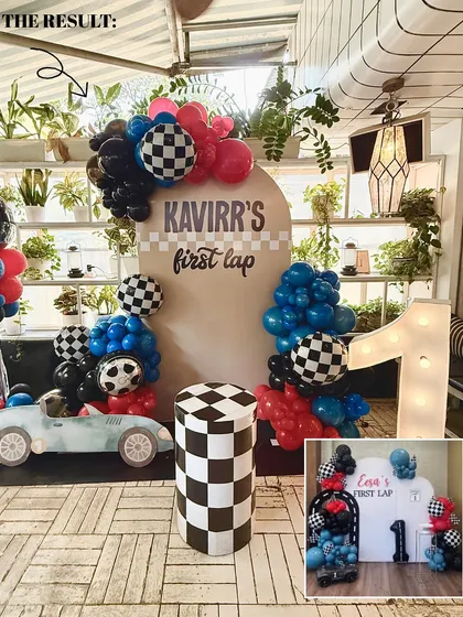 We love bringing a client's vision to life. For this "First Lap" birthday, we took their inspiration and created a complete race car themed setup with a custom backdrop, checkered balloon details, and a light-up marquee number.