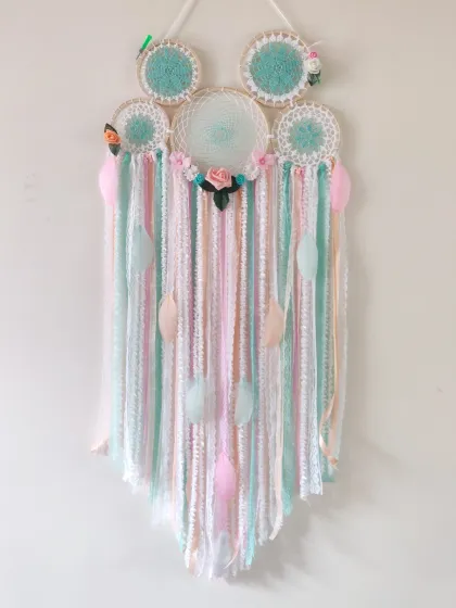 Dreamcatcher goals in candy-colored hues. This pastel cluster dreamcatcher is a whimsical and dreamy creation, ready to be customized just for you.