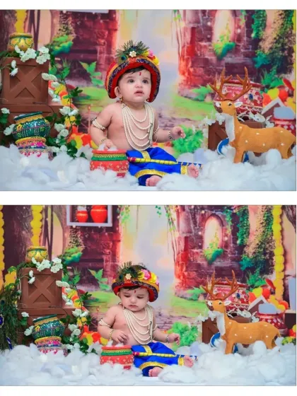 Two portraits of baby Krishna in a divine setting with deer props. One shot is thoughtful, the other serene, capturing the different facets of the beloved deity.
