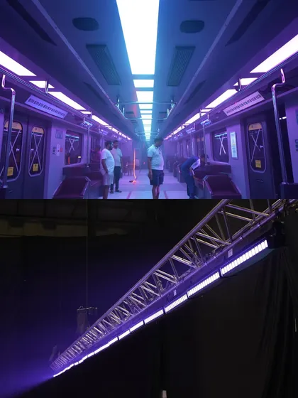 A before-and-after shot from a Motorola commercial set inside a metro train. The top frame is the final shot, while the bottom shows our truss-mounted lighting rig, including Prolights ECL Panels and Claypaky Tambora Battens.