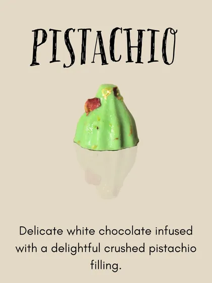 The Pistachio modak is made with delicate white chocolate infused with a crushed pistachio filling, offering a nutty and creamy flavor.