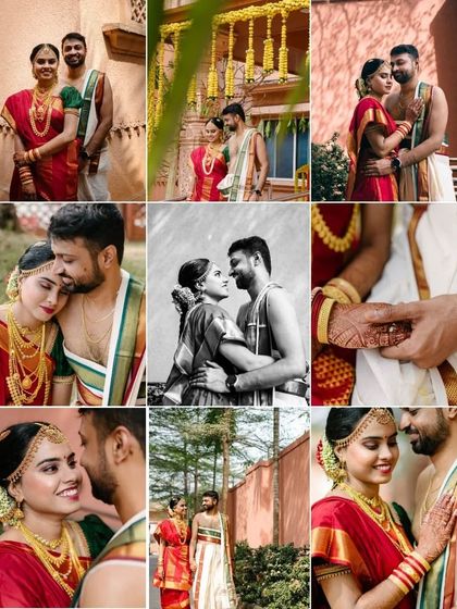 A beautiful collage showcasing nine different moments from a Tamil wedding, from romantic portraits to detailed shots of their attire.