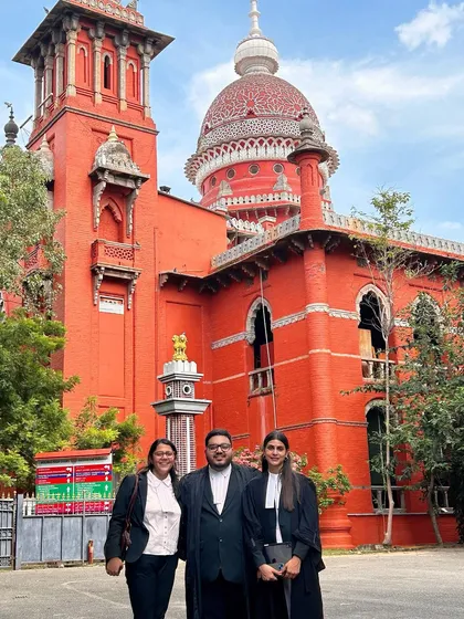 The Nyaypratham Legal team outside the striking red building of the Madras High Court. Our collective effort was instrumental in handling this high-stakes commercial case.