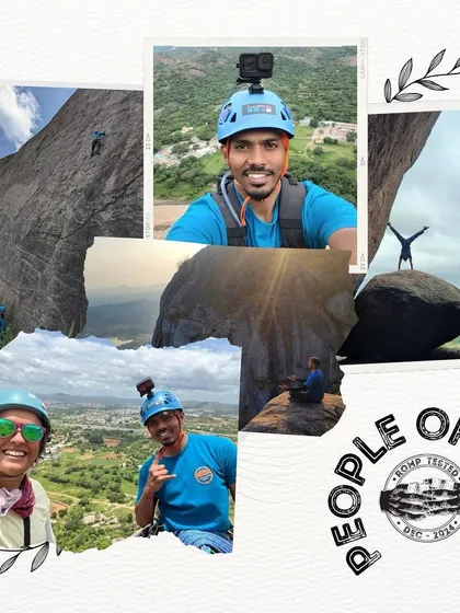 A collage of Akash's climbing journey, from selfies with friends to epic shots on huge rock faces. It's a story of inspiration and dedication.