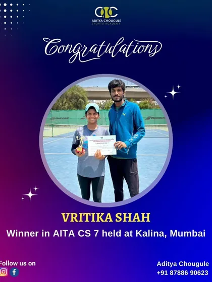 Congratulations to Vritika Shah, winner in the AITA CS 7 tournament held in Kalina, Mumbai. Her victory fills our academy with pride.