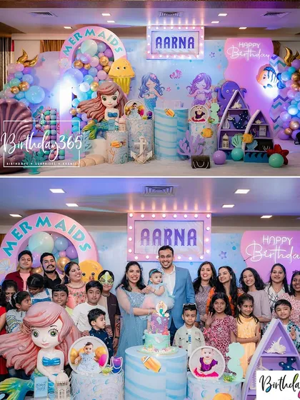A vibrant mermaid-themed birthday party for little Aarna. This collage shows both the full, detailed underwater stage decor and the happy family celebrating together, capturing the joy of the moment.