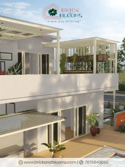Our design for this modern villa includes a poolside deck and a two-story landscape plan. The terrace above features a green wall and a pergola bar, connecting the entire property.