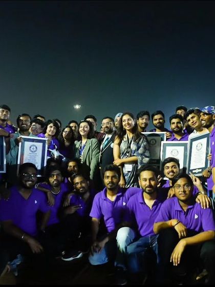The BotLab family, united in victory. This group photo captures the collective joy and pride of our entire team after a historic night at the Amaravati Drone Summit 2024.