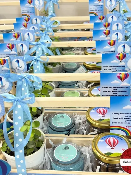 An overhead shot of the 'Hot Air Balloon' themed return gifts, showing the beautiful blue color scheme and consistent design.