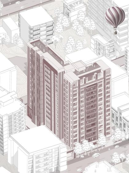 This render shows the redevelopment of Needlhara CHS, where we adapted the design to the context of its surroundings. The mauve color palette is inspired by the earthy tones of the neighboring temple complex and the bustling street life.