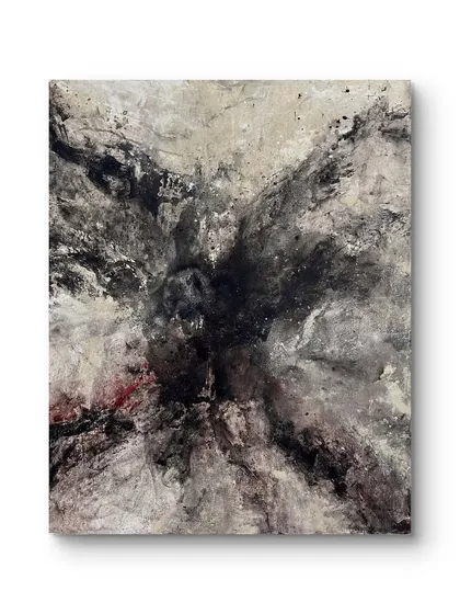 'Last dream of the Hangmn and the Hand of God' is a dark and emotive 4x5 feet abstract. I used black, gray, and beige with hints of deep red to evoke a sense of chaos and mystery, telling a powerful story through texture and contrast.