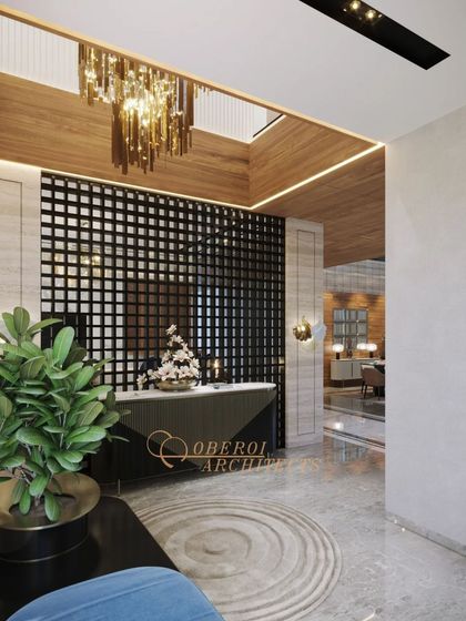 This modern entryway uses a black slatted screen and a skylight to create a dramatic play of light and shadow. The console table and plant add a welcoming touch.