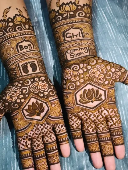 Mehndi is for every happy moment, including a godh bharai or baby shower. I created this special design with lotus flowers, baby feet, and a "Boy or Girl" theme to celebrate the new arrival.