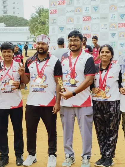 Our academy is for everyone with a competitive spirit. This photo shows a group of our adult and youth archers proudly wearing their medals after a successful tournament, proving that age is no barrier to achieving victory.