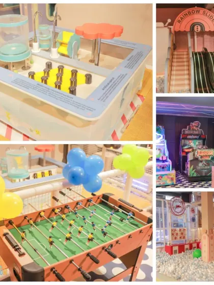 Our play area is full of unique games for a fun-filled birthday, including a rainbow slide, foosball tables, and exciting arcade games.