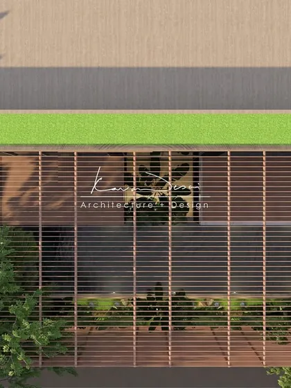 This top-down view shows how the building's footprint integrates green spaces. The linear wooden slats of the pergola contrast with the soft, lush lawn on the rooftop, creating a geometric yet organic design.