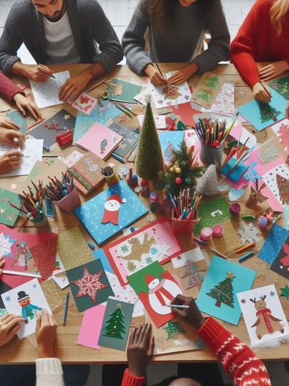 A snapshot from our festive Christmas card-making workshop. These sessions are a great way to get into the holiday spirit, creating personalized collage cards with friends and family.