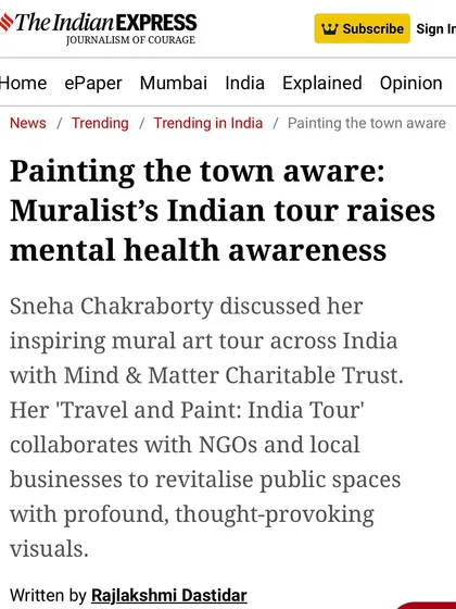 Another view of the Indian Express headline about my mural tour raising mental health awareness.