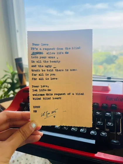 This is the tangible piece of magic you take home with you, your very own 'pyaar ki chitthi' or love letter. Each poem is typed on my vintage red typewriter, a unique keepsake that holds a fragment of your story, a moment of connection captured in ink.