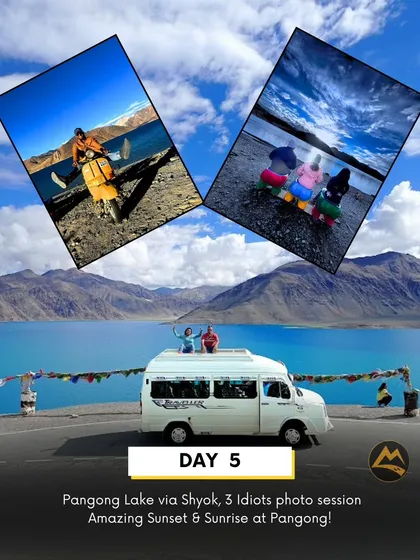 Day 5 is all about the famous Pangong Lake. We drive via the scenic Shyok route and have a fun '3 Idiots' themed photo session by the lake.