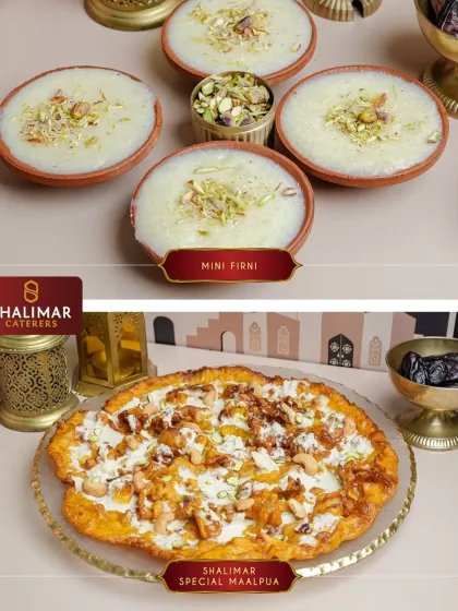 The sweet finale to your Iftar. Our boxes include traditional Mini Firni and the indulgent Shalimar Special Malpua, ensuring a delightful end to your meal.