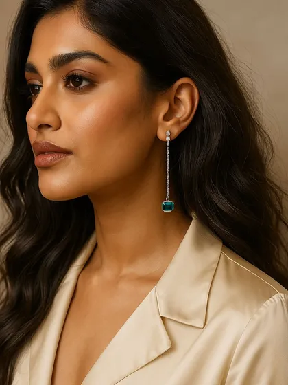A piece of jewellery that speaks without saying a word. These long, elegant earrings feature a delicate diamond chain dropping to a stunning emerald-cut green stone.