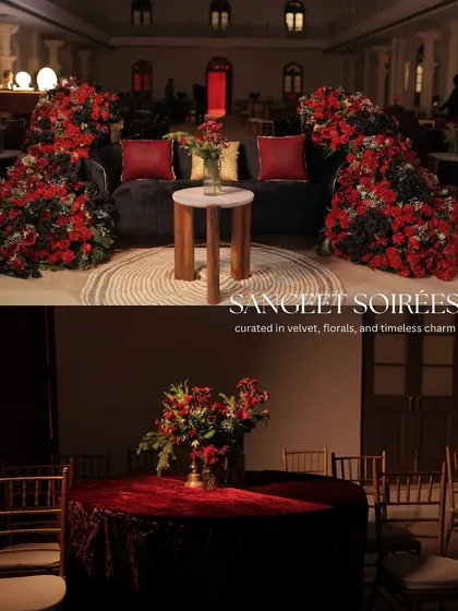 A collage showcasing the "Sangeet Soirée" decor, curated in velvet, florals, and timeless charm, from the lounge seating to the table centerpieces.
