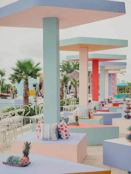 Original is sexy, and that means daring to be different. For this day brunch, we moved away from typical wedding decor and created a vibrant, playful atmosphere with custom-built geometric canopies and seating in a fresh, happy color palette.