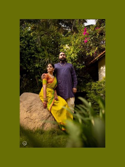 The lovely couple after the Varapooje. Nithyashri's subtle bronze makeup look was perfect for this outdoor, daytime ceremony, giving her a natural and radiant glow.