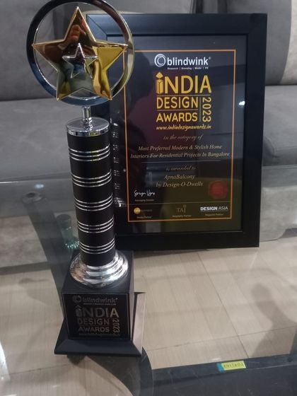 A closer look at our trophy and certificate for being the "Most Preferred Modern & Stylish Home Interior for Residential Projects in Bangalore." This award is a symbol of our commitment to design excellence.