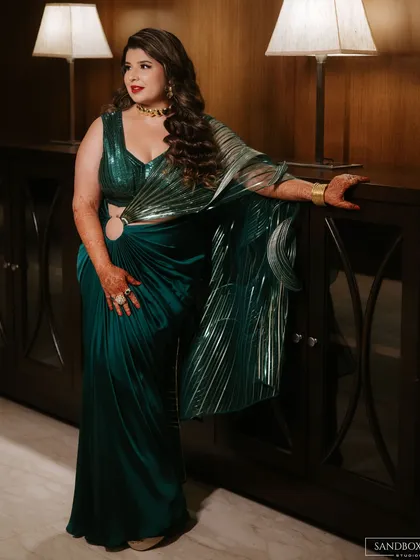 A series of portraits showcasing the bride's elegant and modern reception look, highlighting the details of her designer saree.