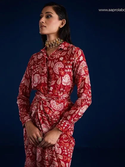 A profile shot of the Rosela Draped Skirt Set from Aapro, showing the intricate print and wrap detail.