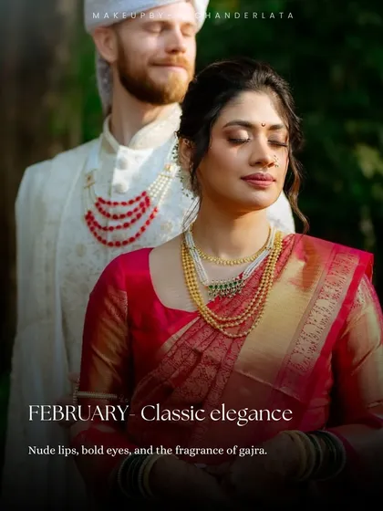 A Classic Elegance bridal look. This features nude lips, bold eyes, and the beautiful fragrance and look of gajra in the hair.